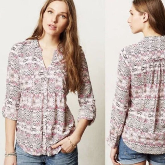 Maeve Tops - Anthropologie Maeve Islet Button Down Shirt Women's L Roll Tab Sleeve